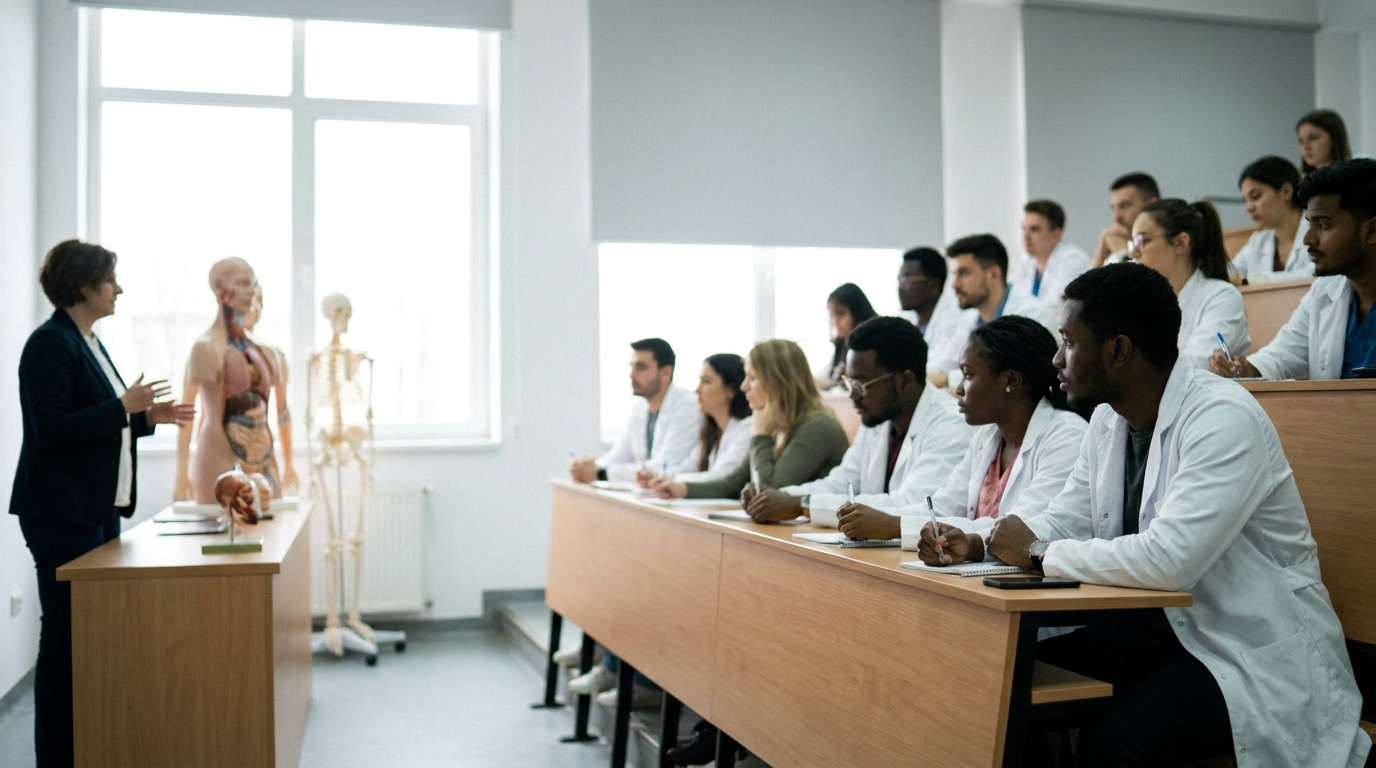 International medical students in a clinical-skills lab on an English-taught MD programme in Romania