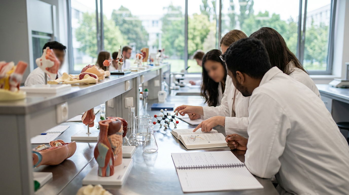 Diverse international medical students in an English-taught lecture, a typical way to study medicine in English in Europe