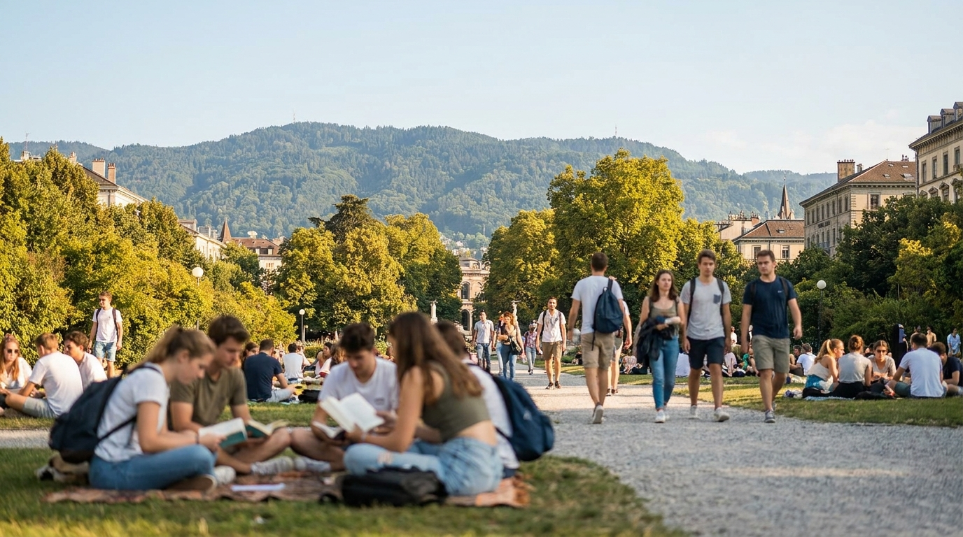 The outdoors in student life in Bulgaria: a park with Vitosha mountain behind Sofia