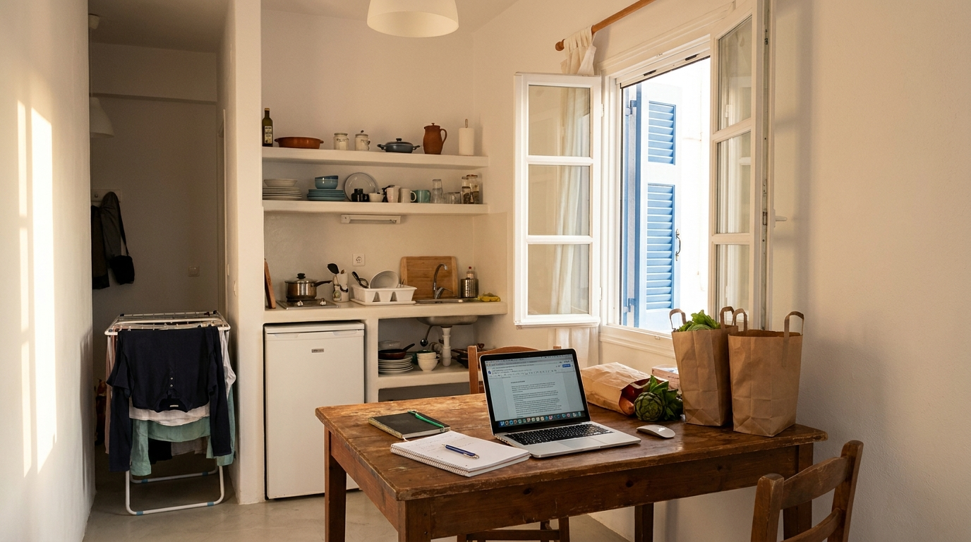 A sunny Greek student apartment — part of the cost of studying medicine in Greece