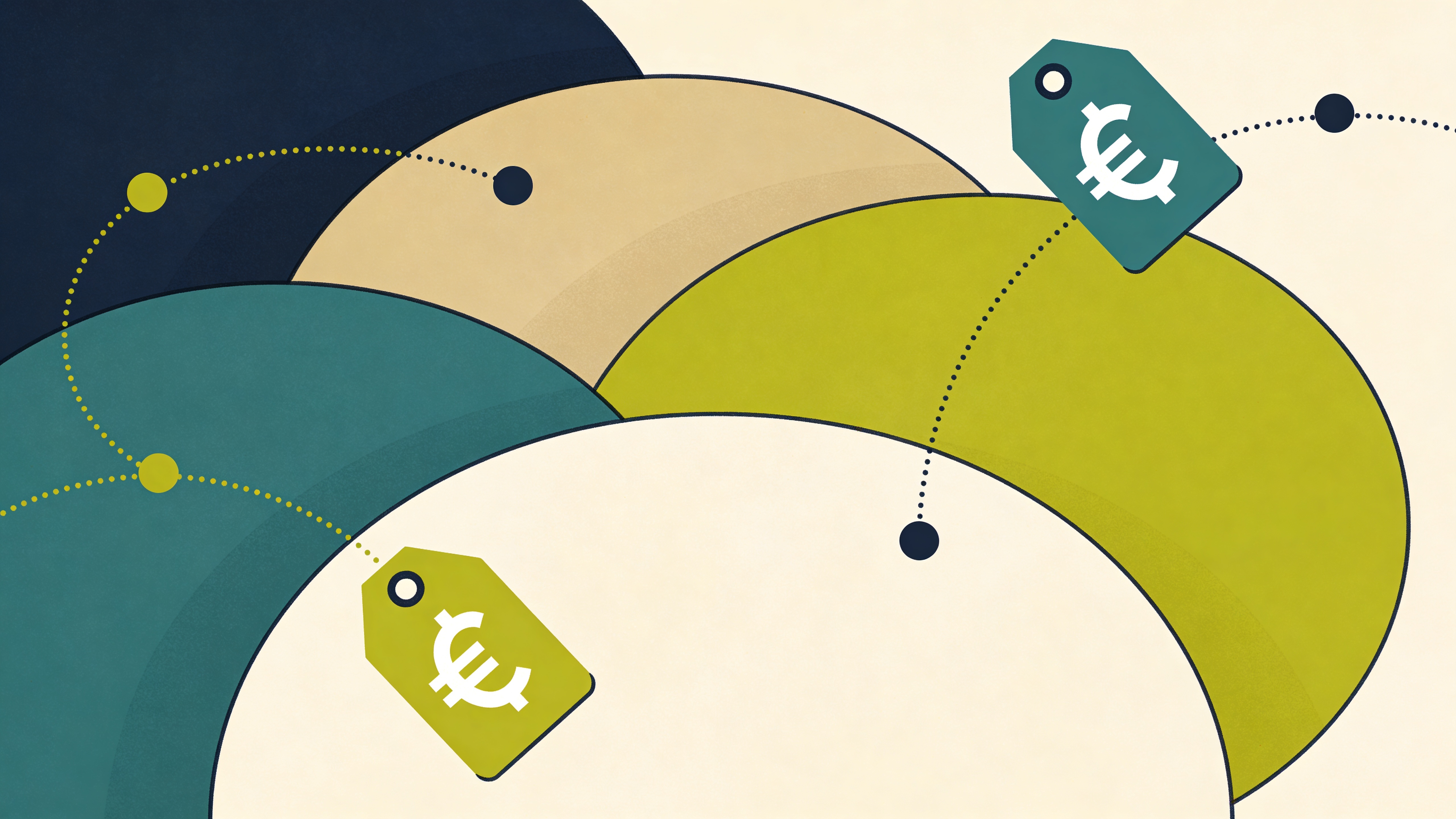 Editorial illustration of three overlapping pricing tiers in deep navy, cream and chartreuse representing transparent UK Webflow website pricing in 2026
