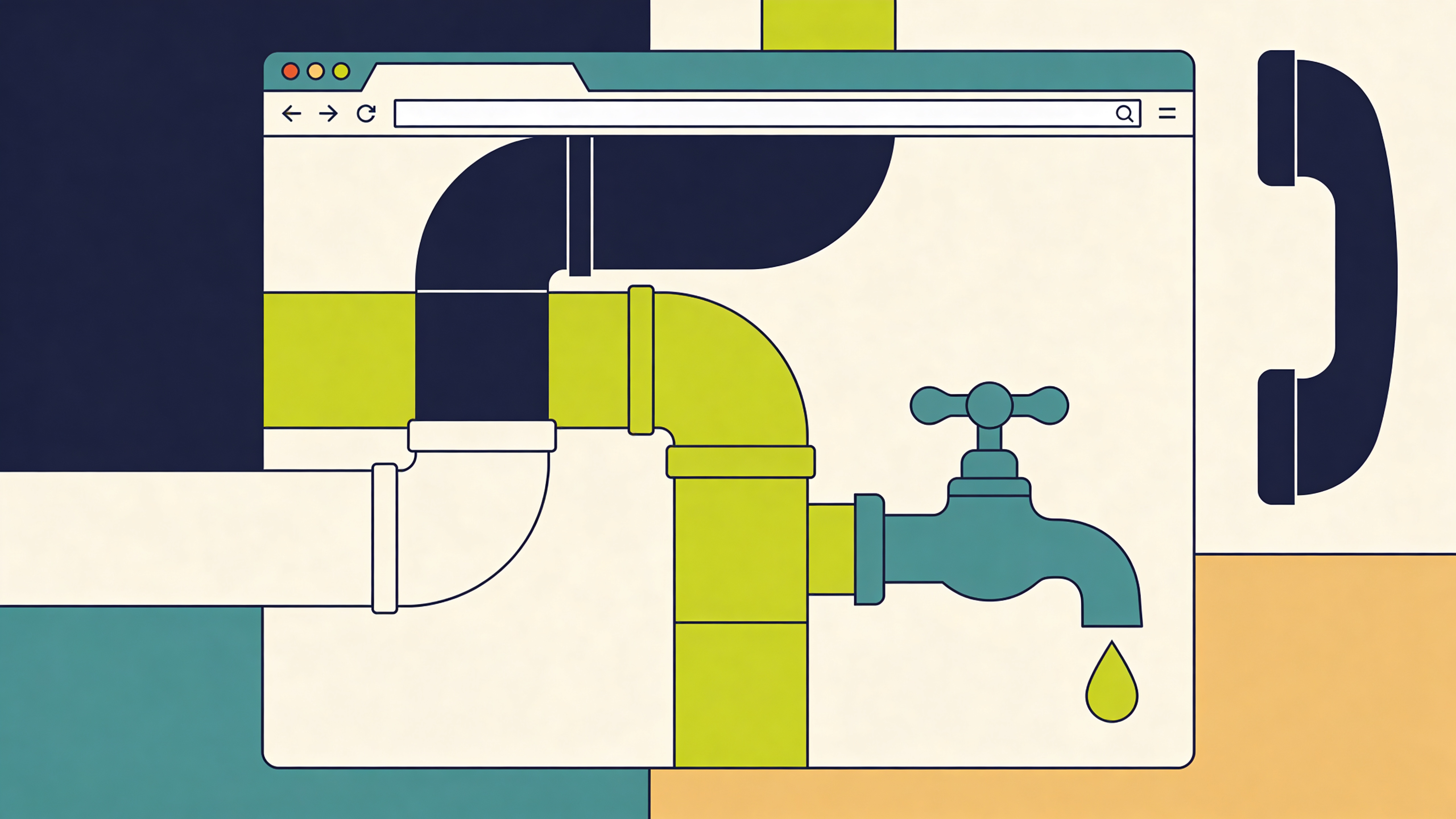 Editorial illustration of stylised pipes, a dripping tap, a vintage phone receiver and a browser window in deep navy, cream, lime-green, teal and beige, representing web design for plumbers in Suffolk