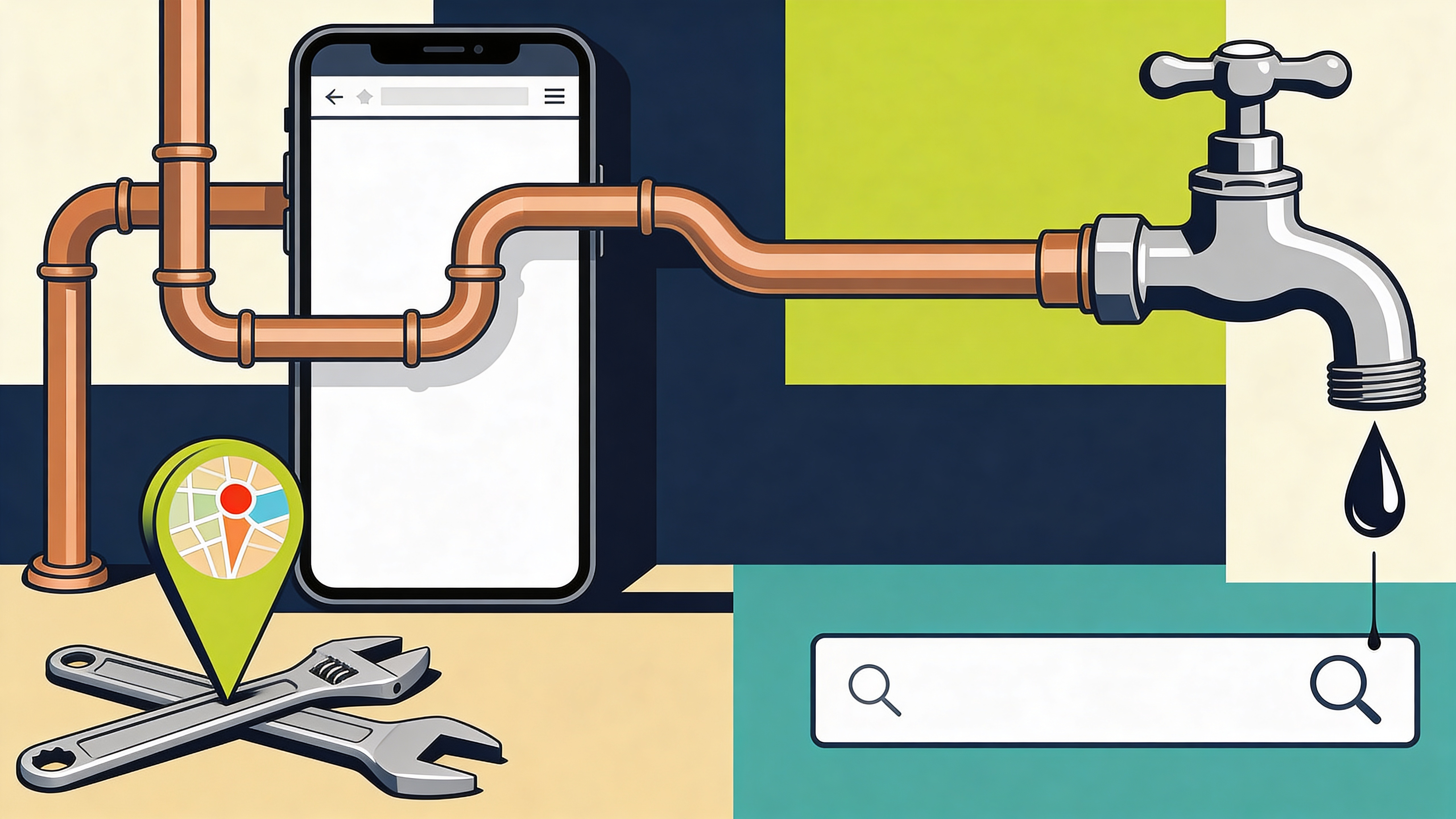 Flat-vector editorial illustration of stylised copper pipes flowing into a smartphone browser window with a dripping tap, a wrench and a map pin, in deep navy, cream, chartreuse and muted teal