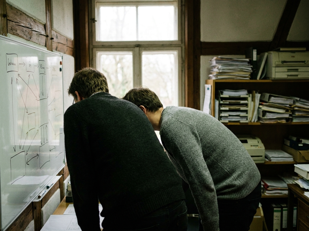 Die Gründer von ADOVA Systems bei der Prozess-Skizze am Whiteboard