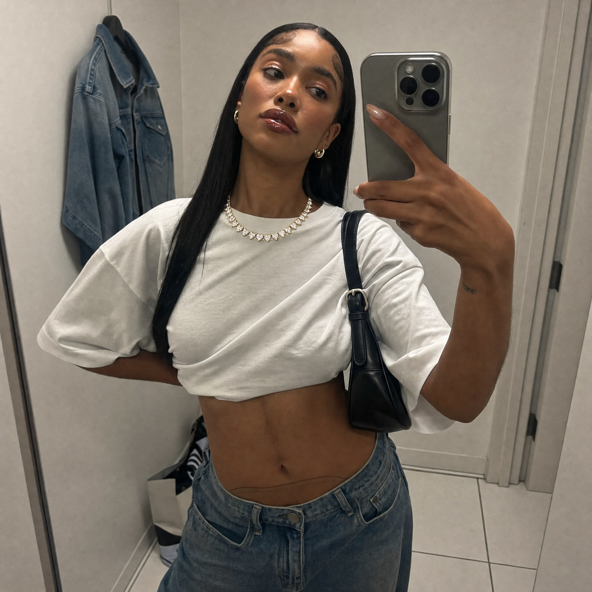 Customer wearing Heart Cut Tennis Necklace