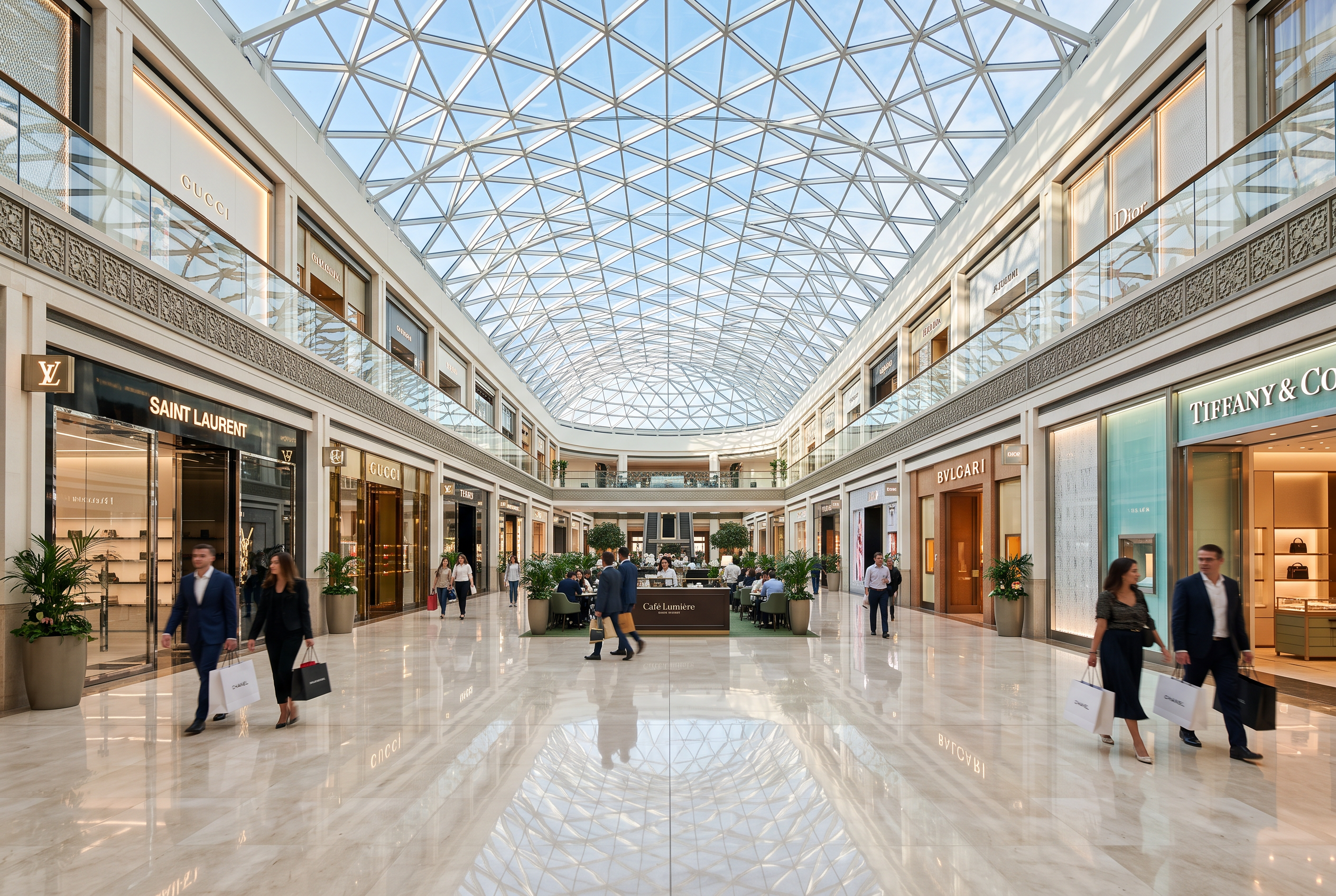 Interior de centro comercial con suelos brillantes