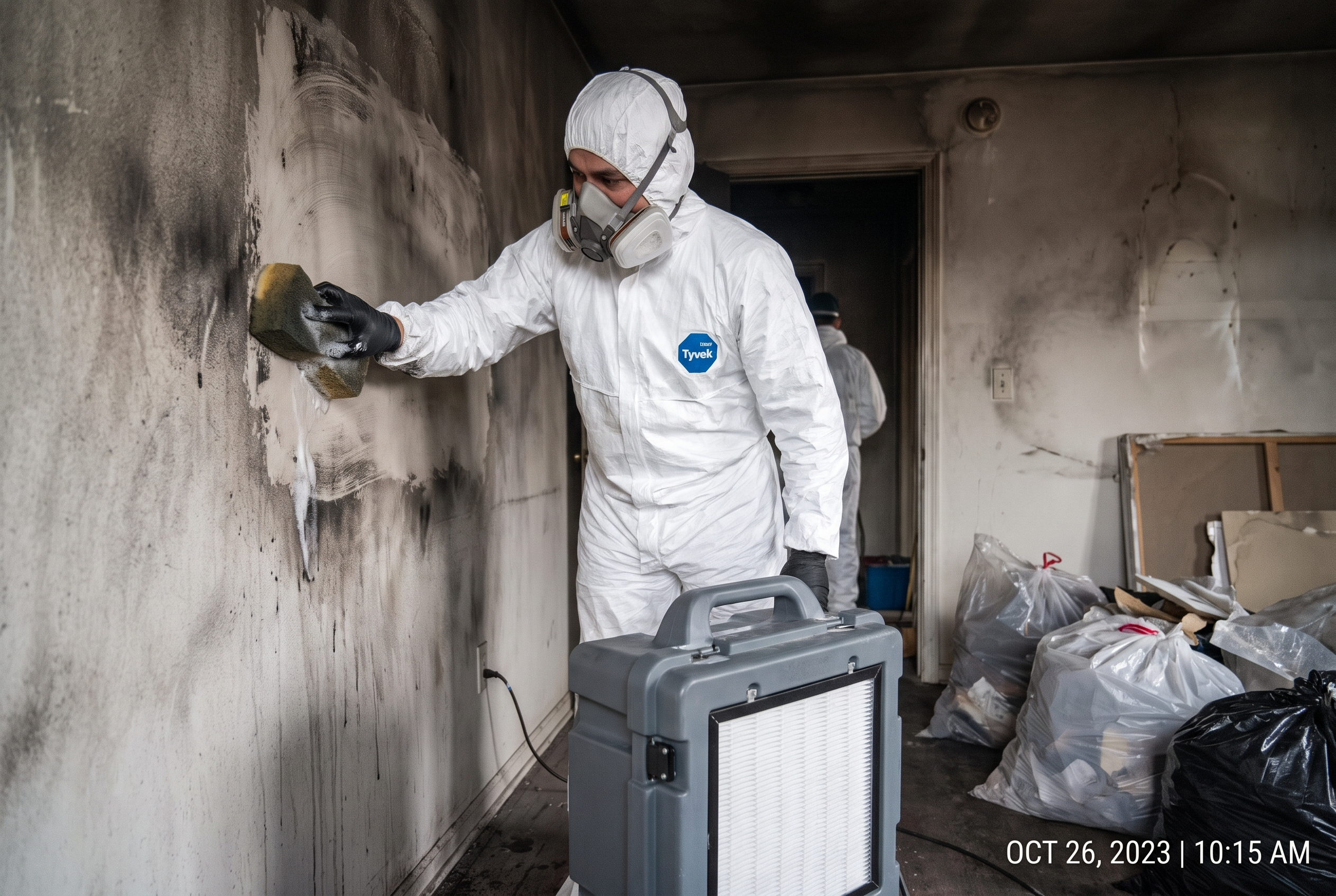 Técnico con traje de protección limpiando daños tras un incendio