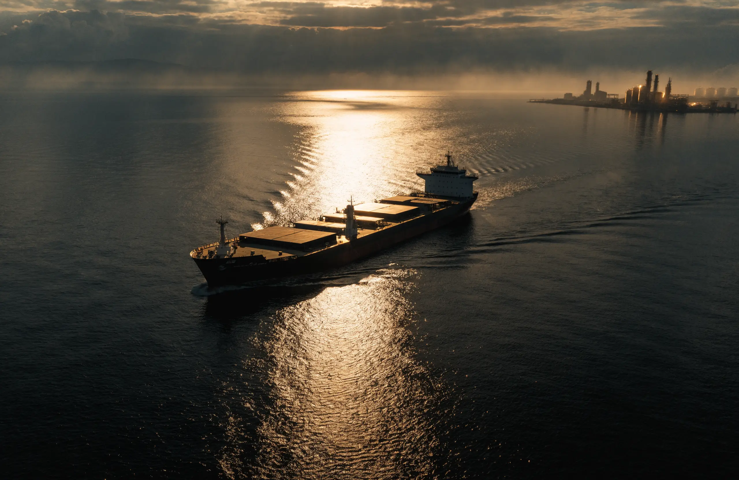Oil tanker and storage terminal at a port at dusk