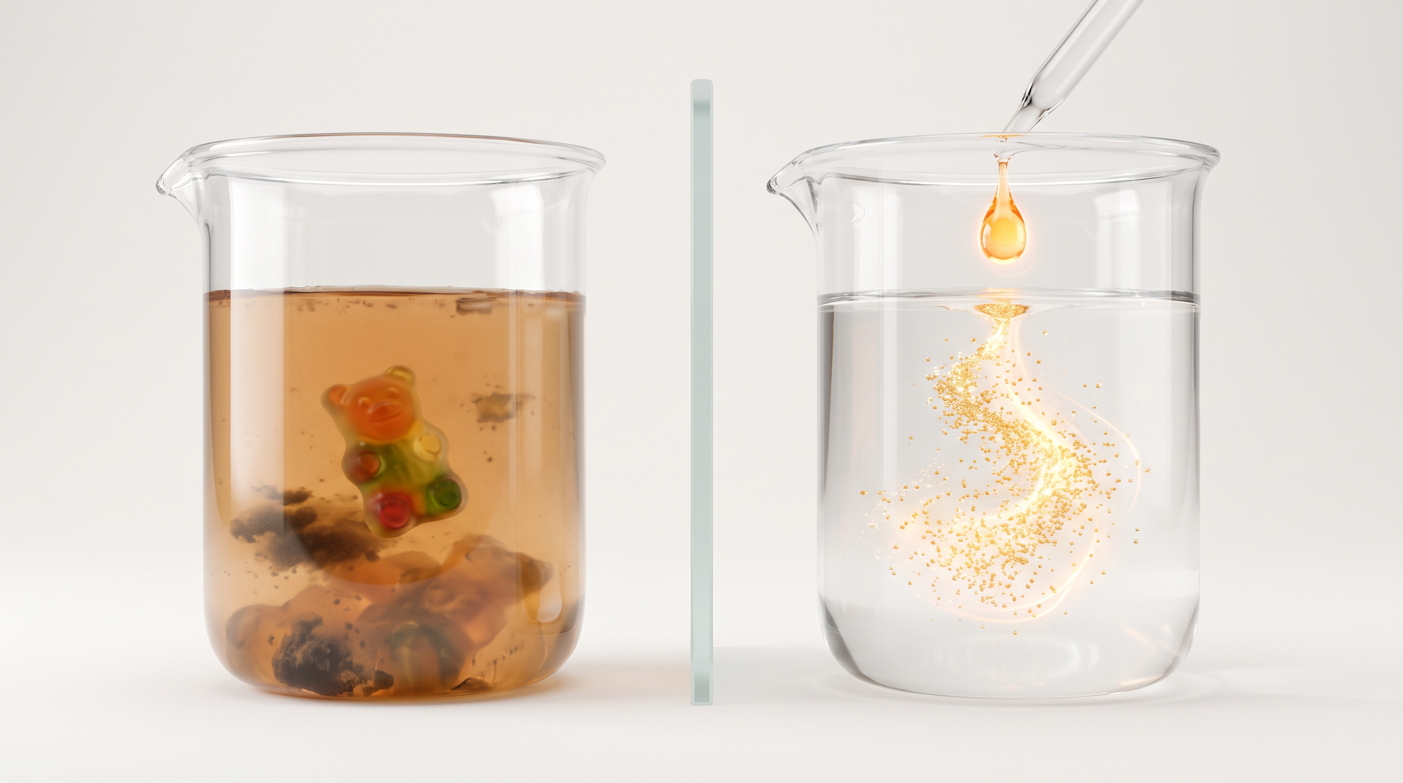 A gummy bear in cloudy water beside a golden drop dispersing through clear water
