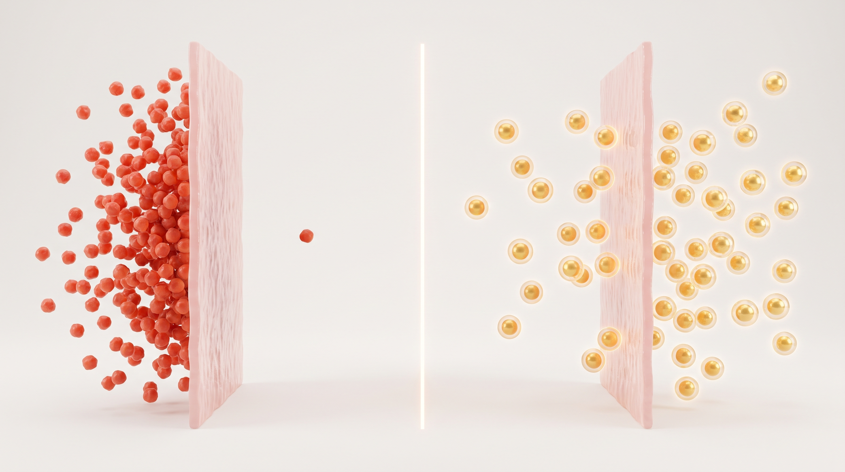 Particles blocked at the gut wall on one side, lipid-wrapped particles passing through on the other