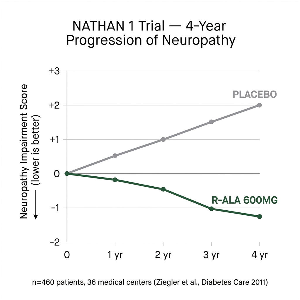NATHAN 1 trial chart showing R-ALA halting nerve function decline vs placebo