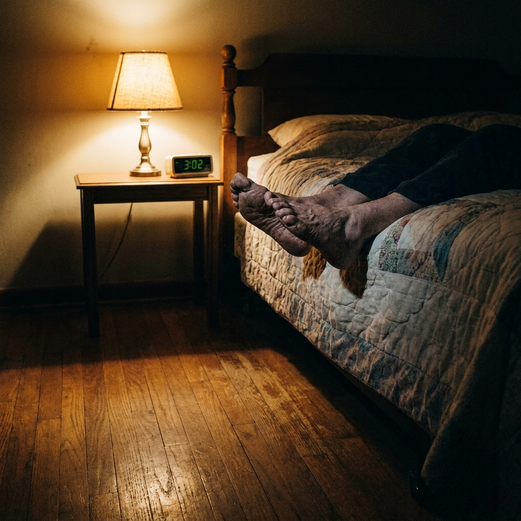 Bare older feet at the edge of a bed at night