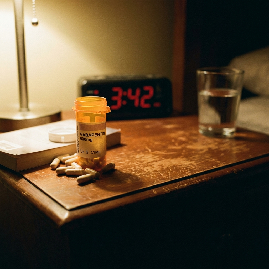 Generic prescription pill bottle with capsules spilled, dim warm light