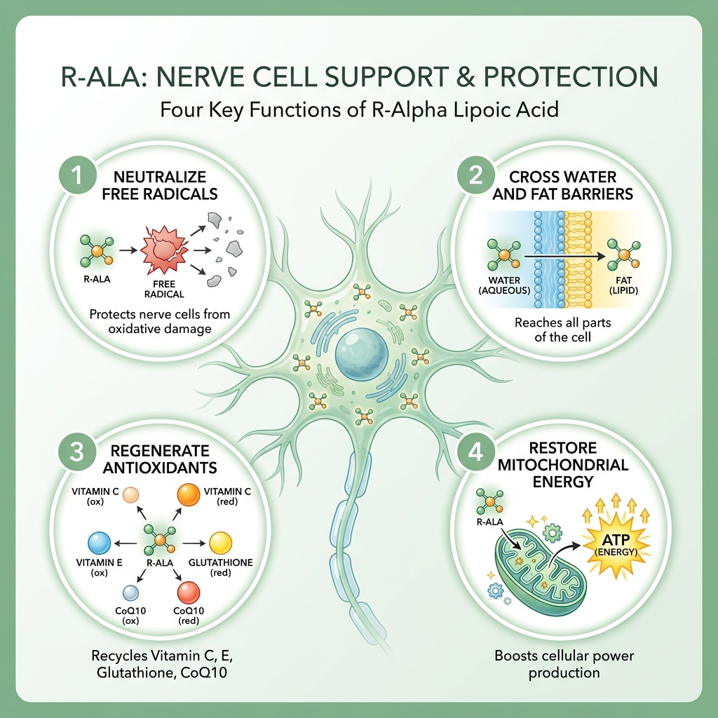 Scientific illustration of R-ALA inside a nerve cell performing four functions