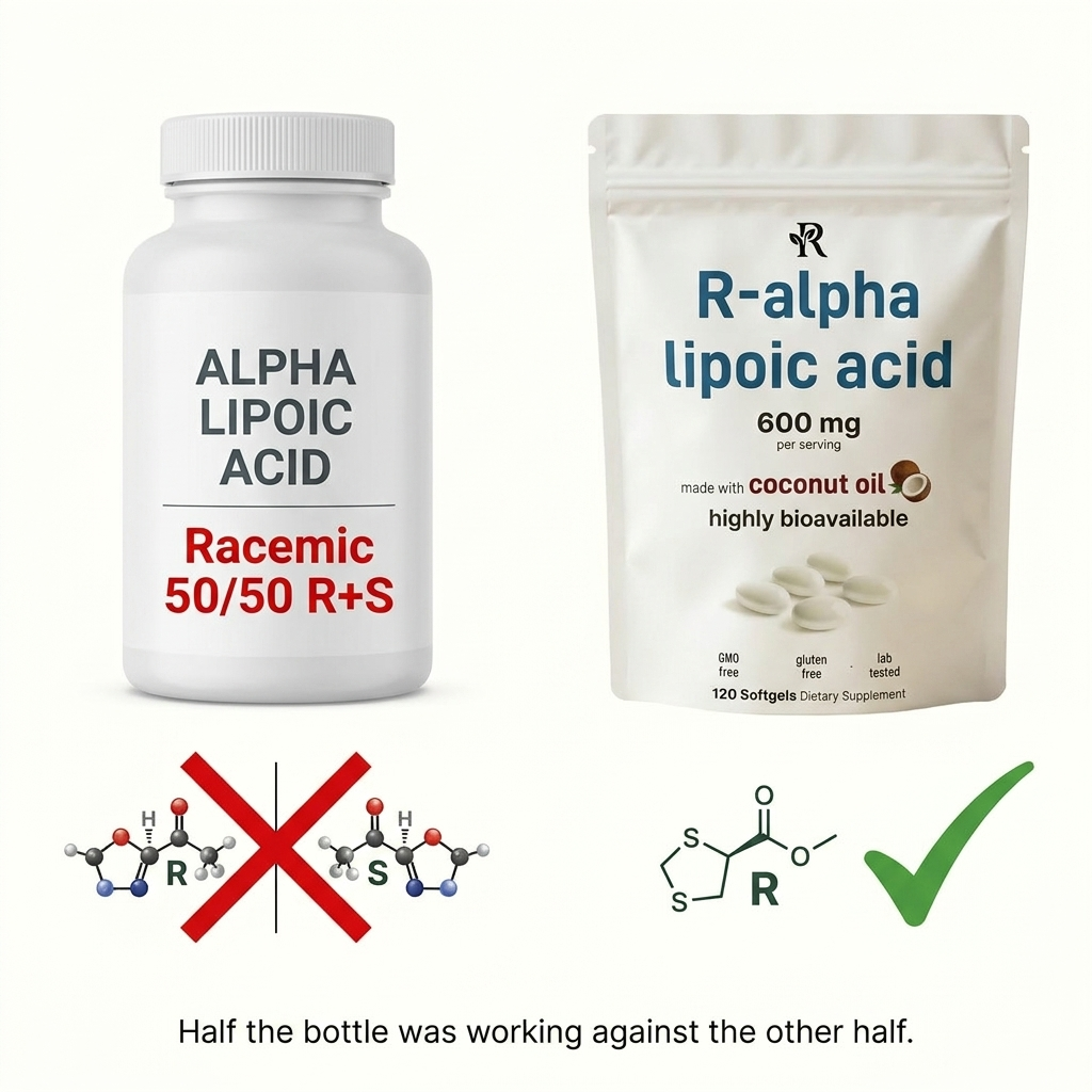 Comparison: generic racemic ALA vs Root of Nature R-ALA pouch