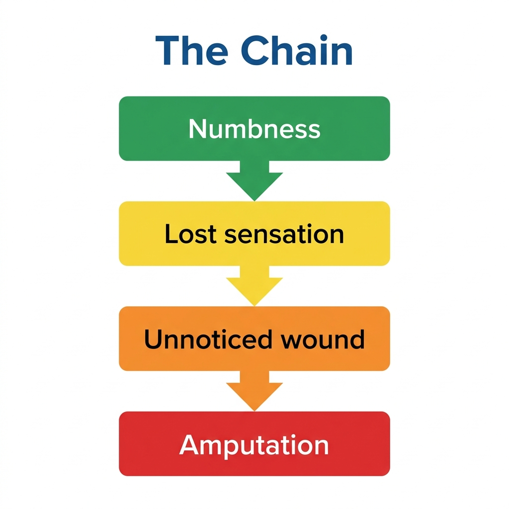 The Chain progression: Numbness to Lost sensation to Unnoticed wound to Amputation