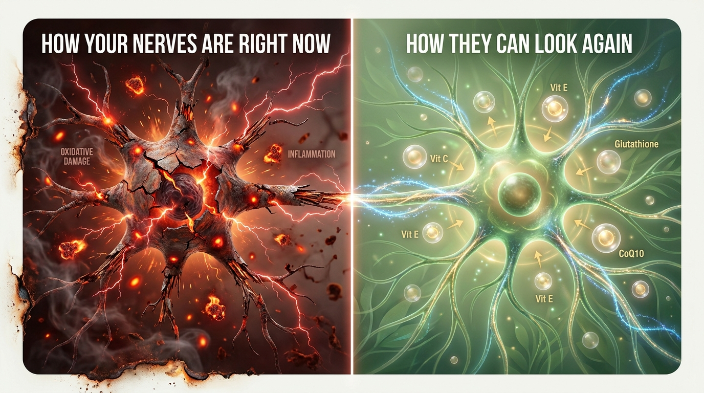 Side-by-side nerve cells: rusted on the left, healthy on the right