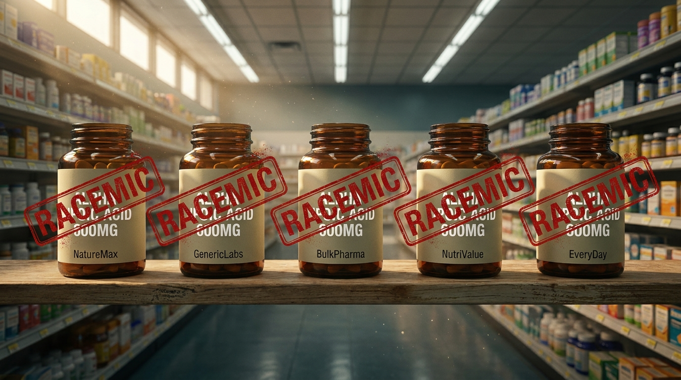 Walmart supplement aisle with generic Alpha-Lipoic Acid 600mg bottles all stamped RACEMIC in red