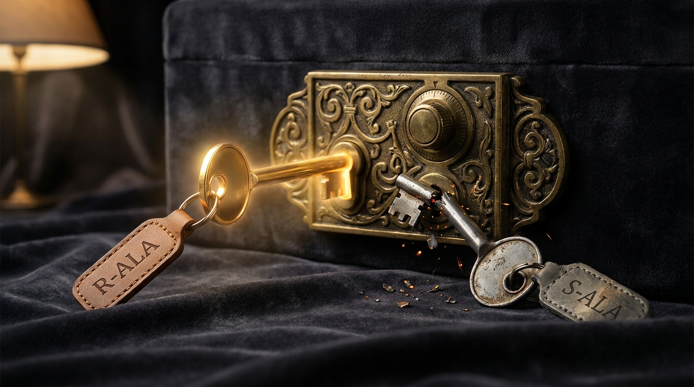 Gold R-ALA key opening a vault lock, silver S-ALA key snapped and jamming the same lock