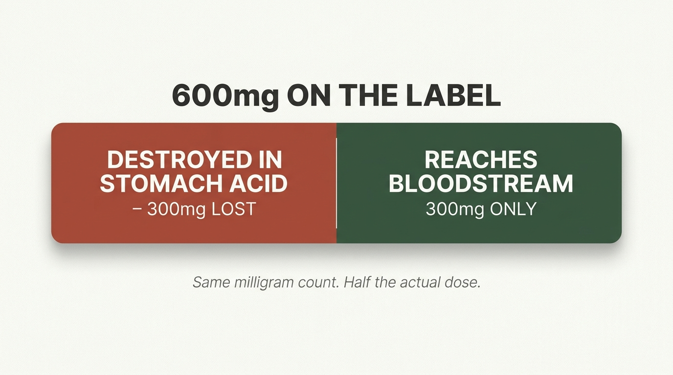 600mg label, 300mg actually reaches bloodstream after stomach acid destroys half