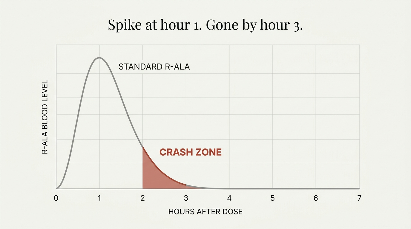 R-ALA blood level chart: spikes at hour 1, crashes to zero by hour 3