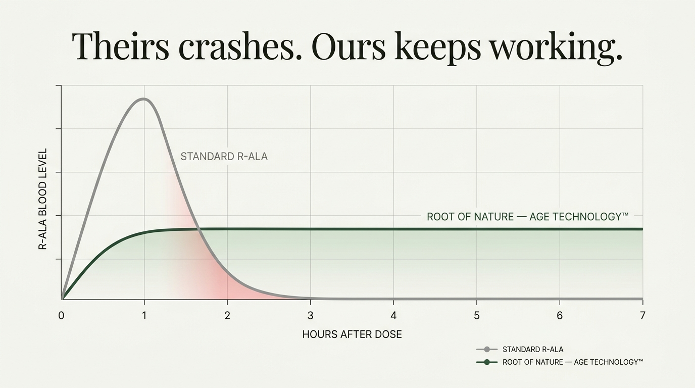 Comparison chart: grey standard R-ALA curve spikes and crashes, green Root of Nature curve holds steady for hours