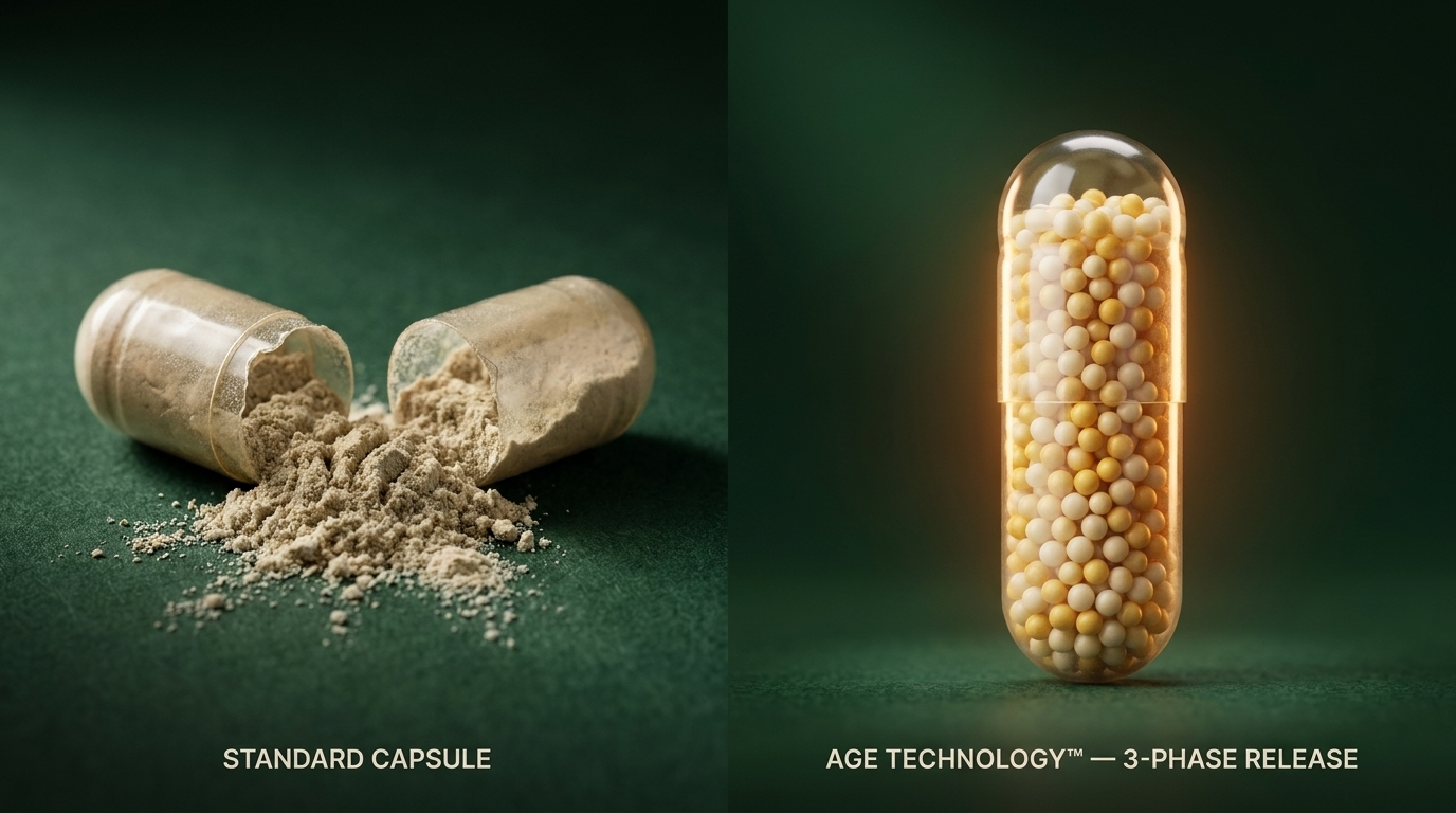 Cracked-open standard capsule on the left vs. glowing 3-layer AGE Technology pearl capsule on the right