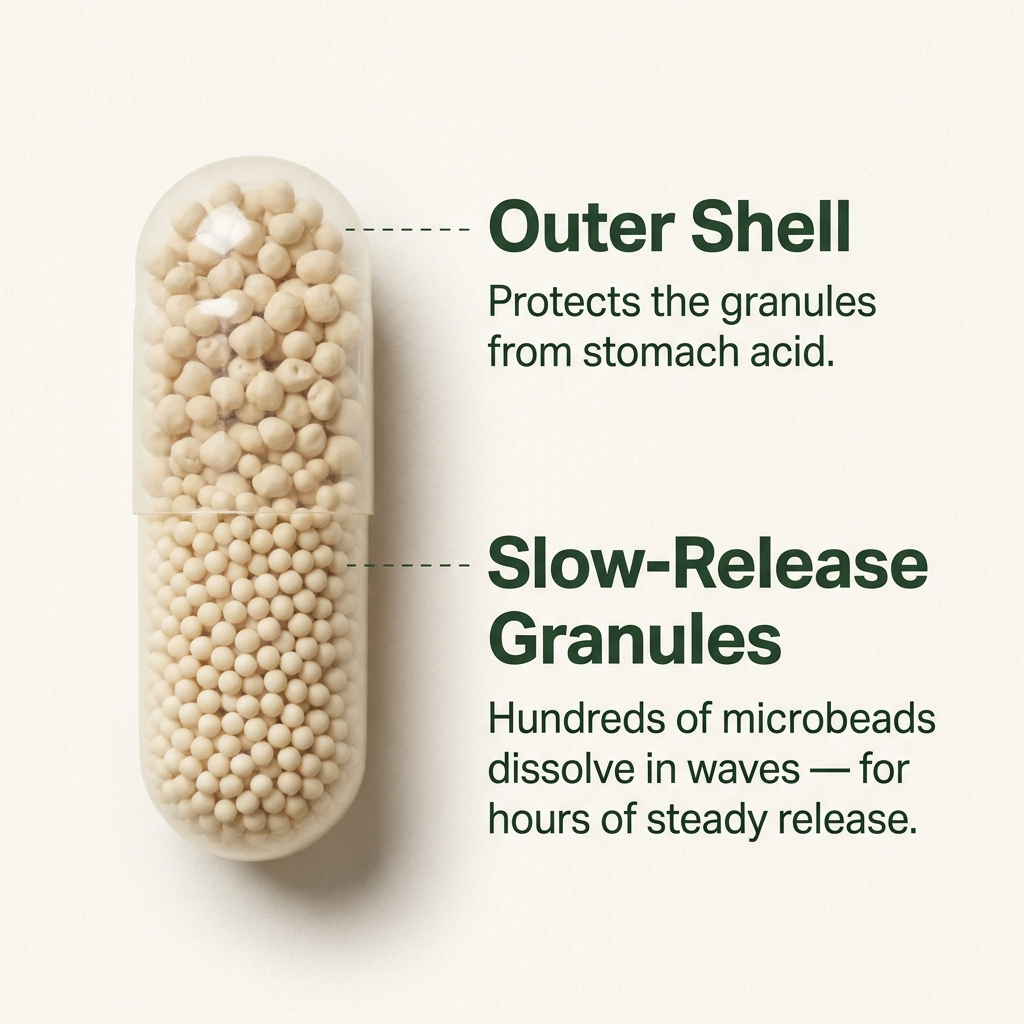 RootCap capsule diagram showing outer shell and slow-release granules