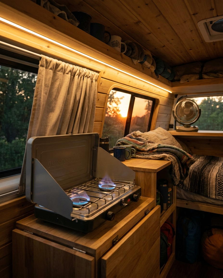 Camper interior on a summer evening, propane stove burner lit, galley window closed