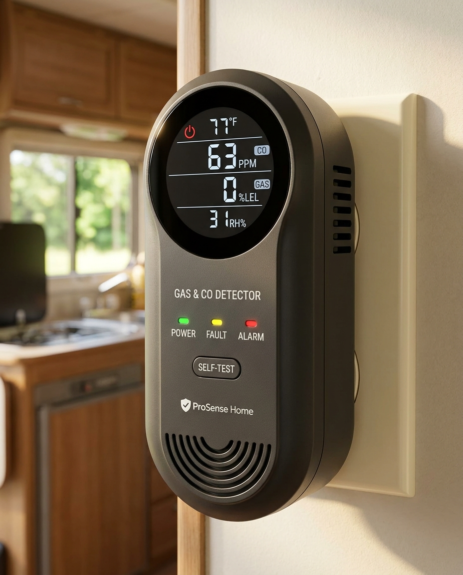 ProSense Home Detector plugged into an RV outlet, showing live PPM reading