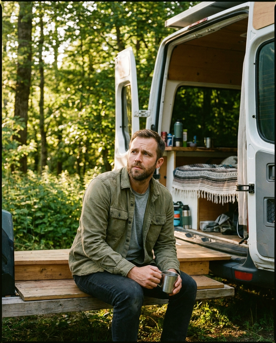Van owner at his back doors on a summer evening, thoughtful expression