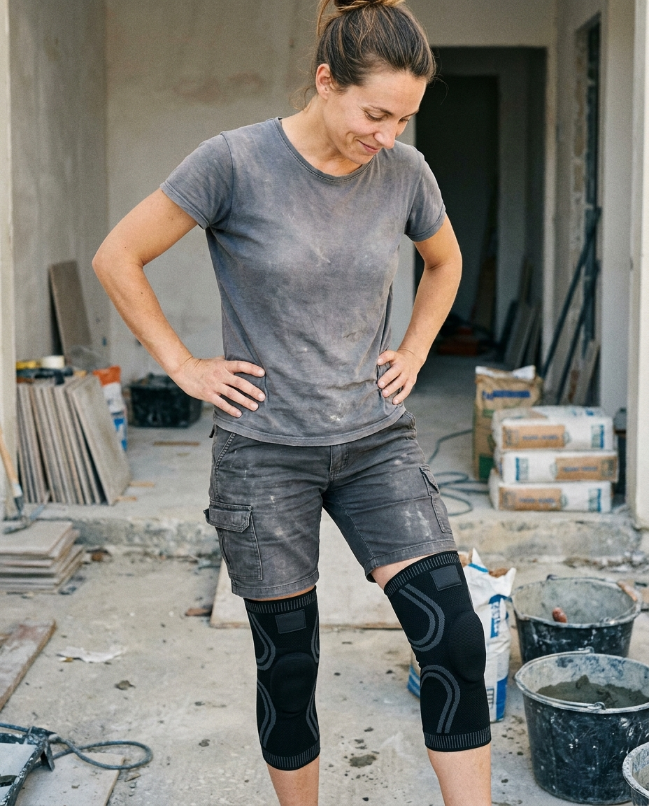 Artisane en short de chantier portant la FlexiPro sur les deux genoux