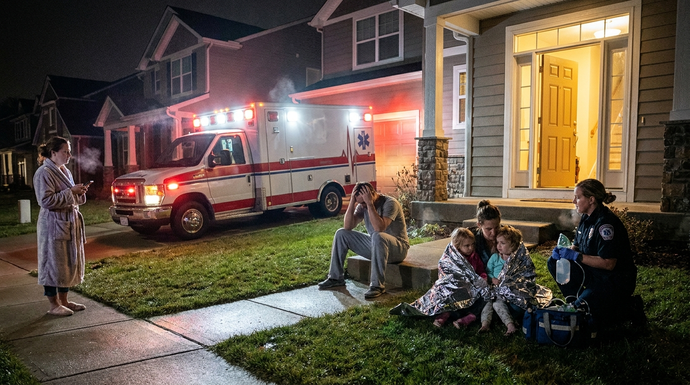 Ambulance on a suburban driveway at 2 AM, family wrapped in emergency blankets on the front lawn
