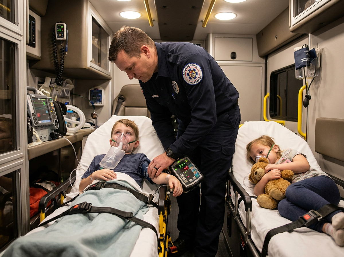 Two young children wearing oxygen masks on pediatric stretchers inside the ambulance