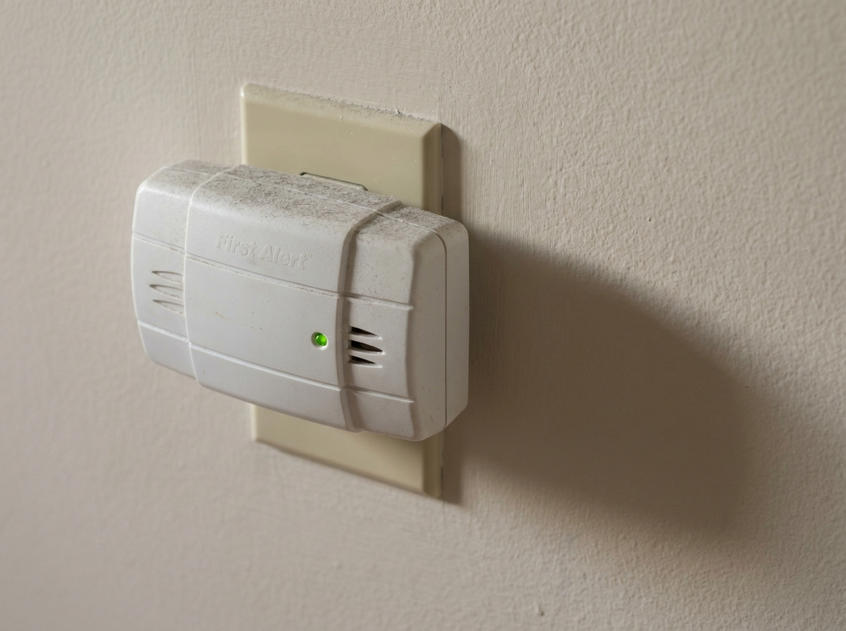A standard residential CO detector plugged into a hallway wall outlet, green light glowing, completely silent