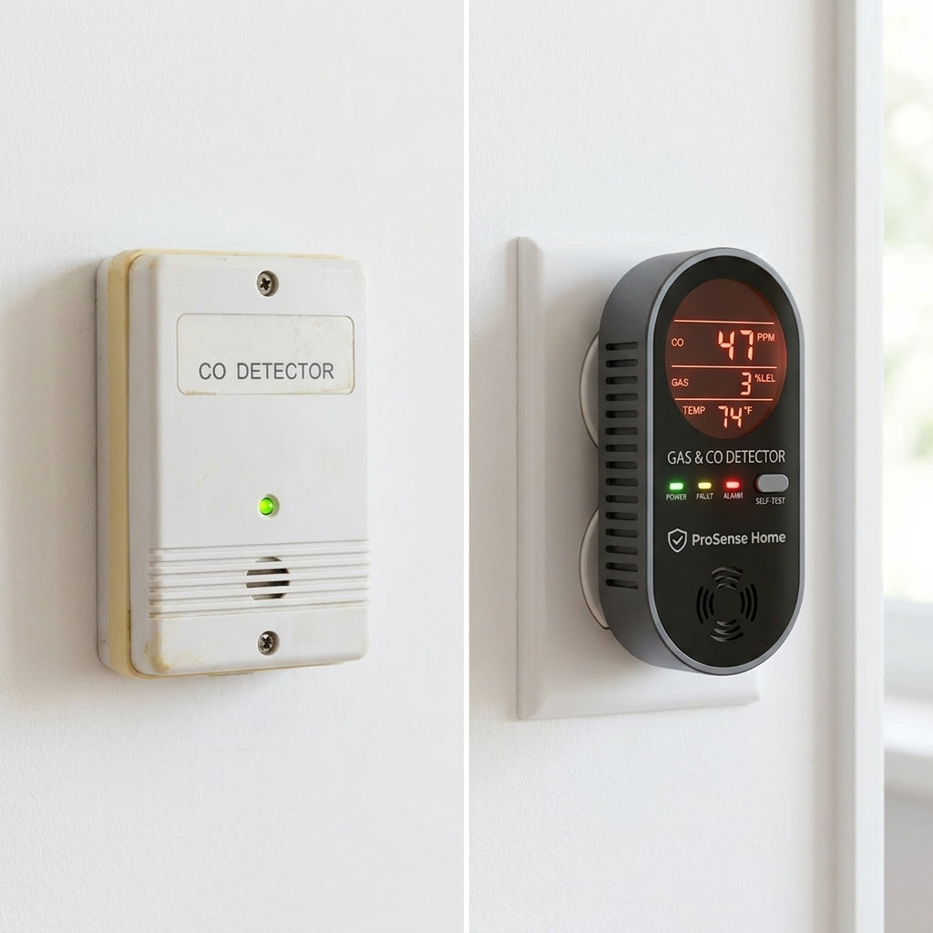 Side-by-side comparison: an old silent CO detector on the left, the ProSense Home detector on the right showing 47 PPM in red digits