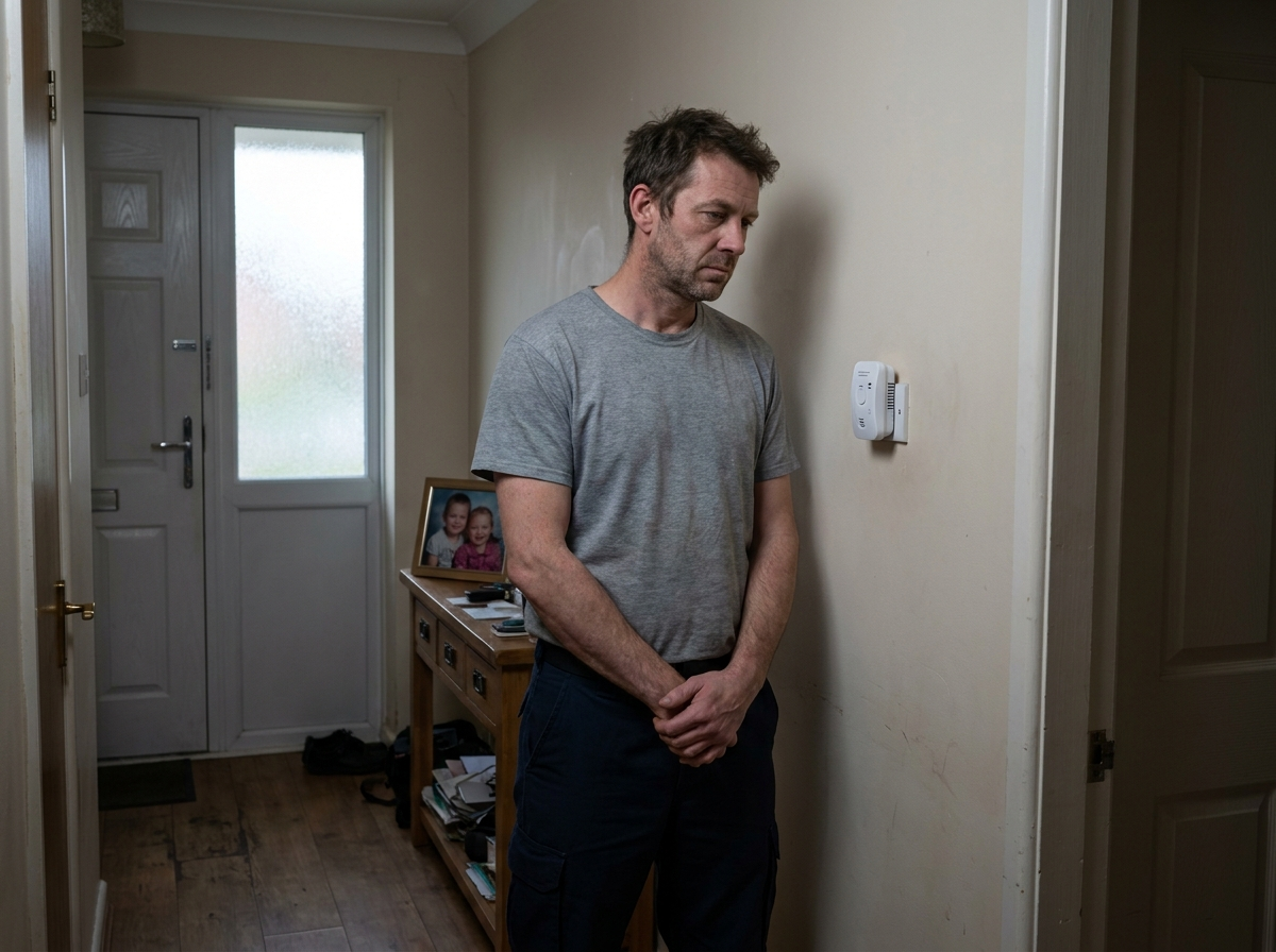 A paramedic at home in early morning light, looking thoughtfully at his own CO detector in his hallway