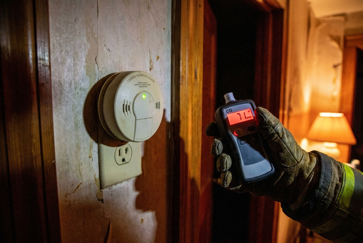 Close-up of CO detector with green light next to meter showing 71 PPM