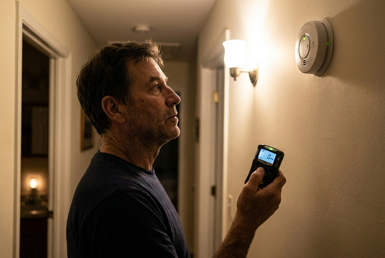 Mike T. in his own hallway at 3 AM holding a portable gas monitor
