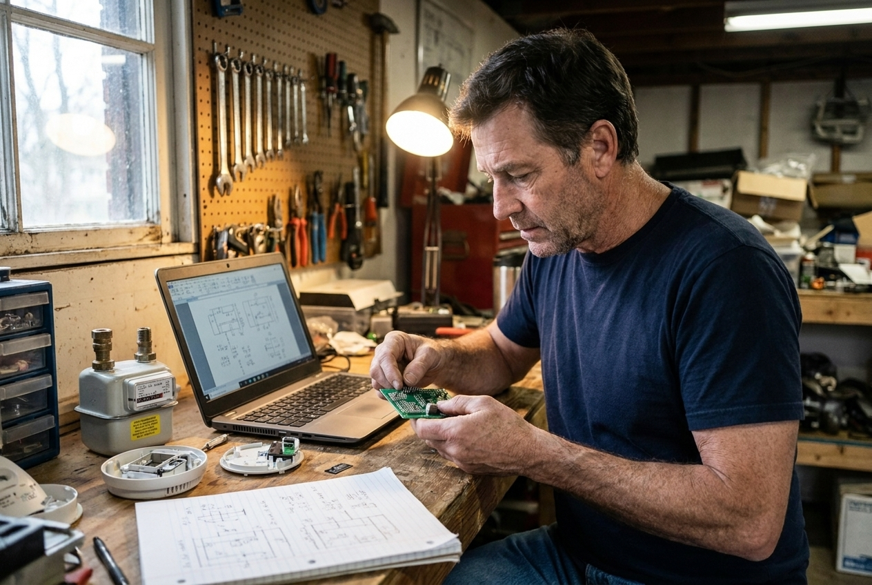 Mike T. in his home workshop testing a prototype