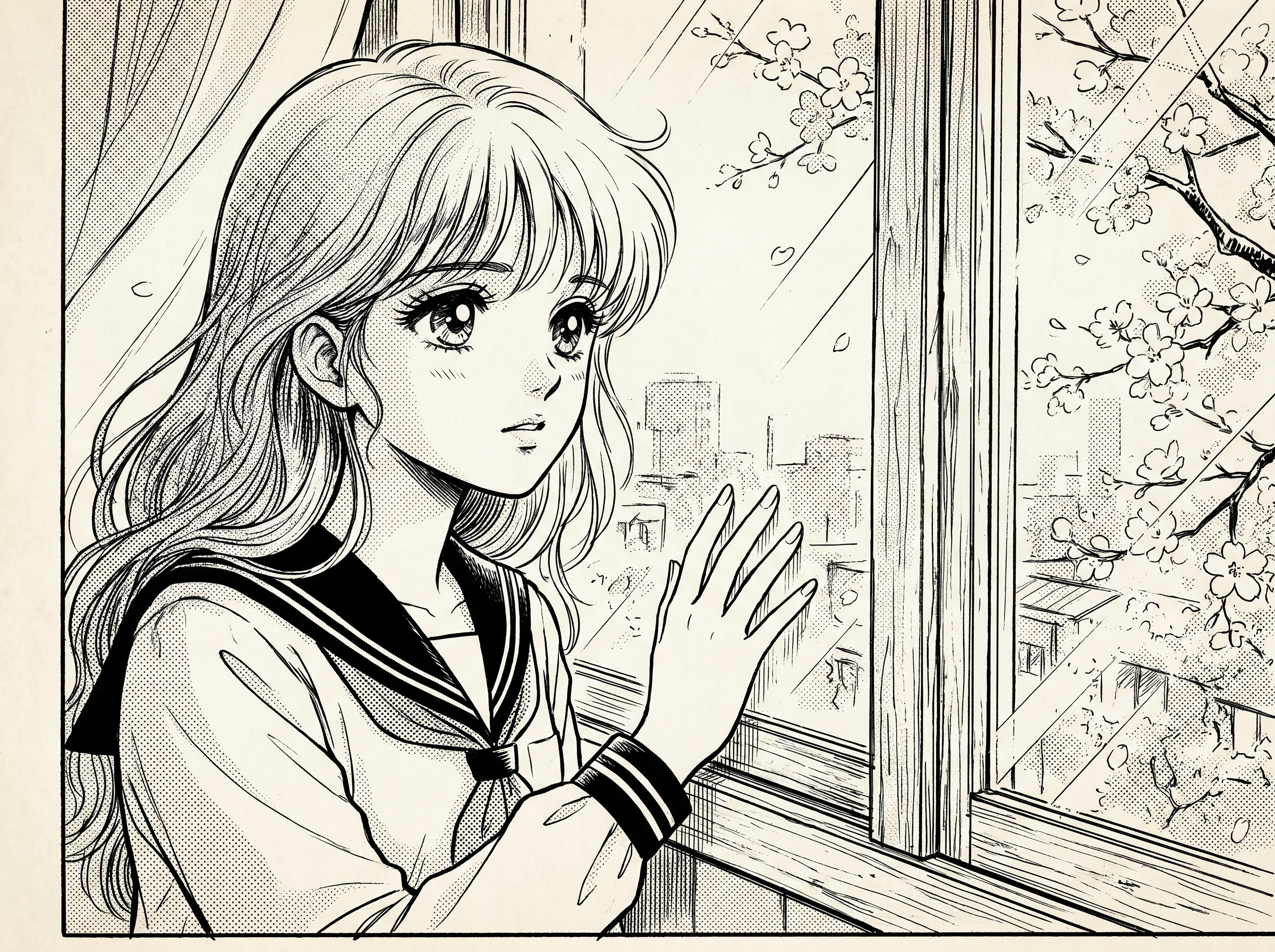 Black and white manga panel illustration of a young female student with screentone shading and dynamic ink line art