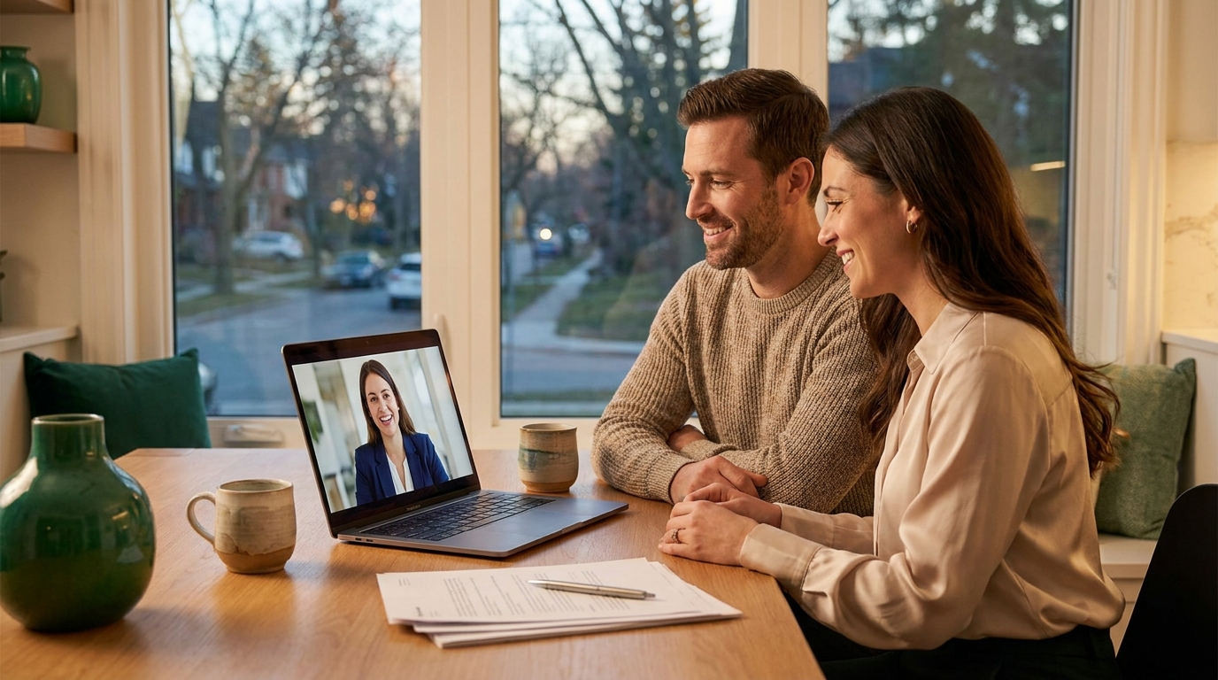 A couple signing at their kitchen table during a video meeting with their lawyer