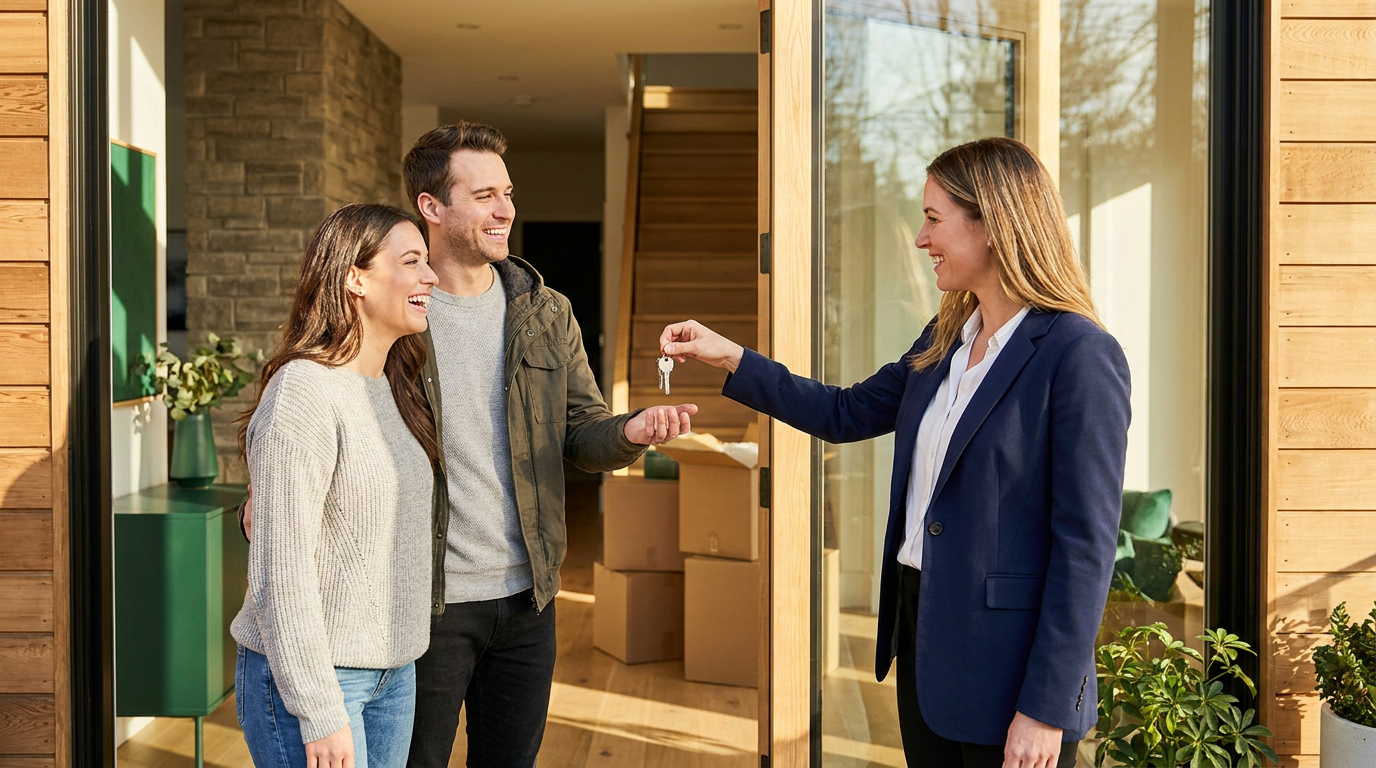 An agent handing keys to a delighted couple at the door of their new home