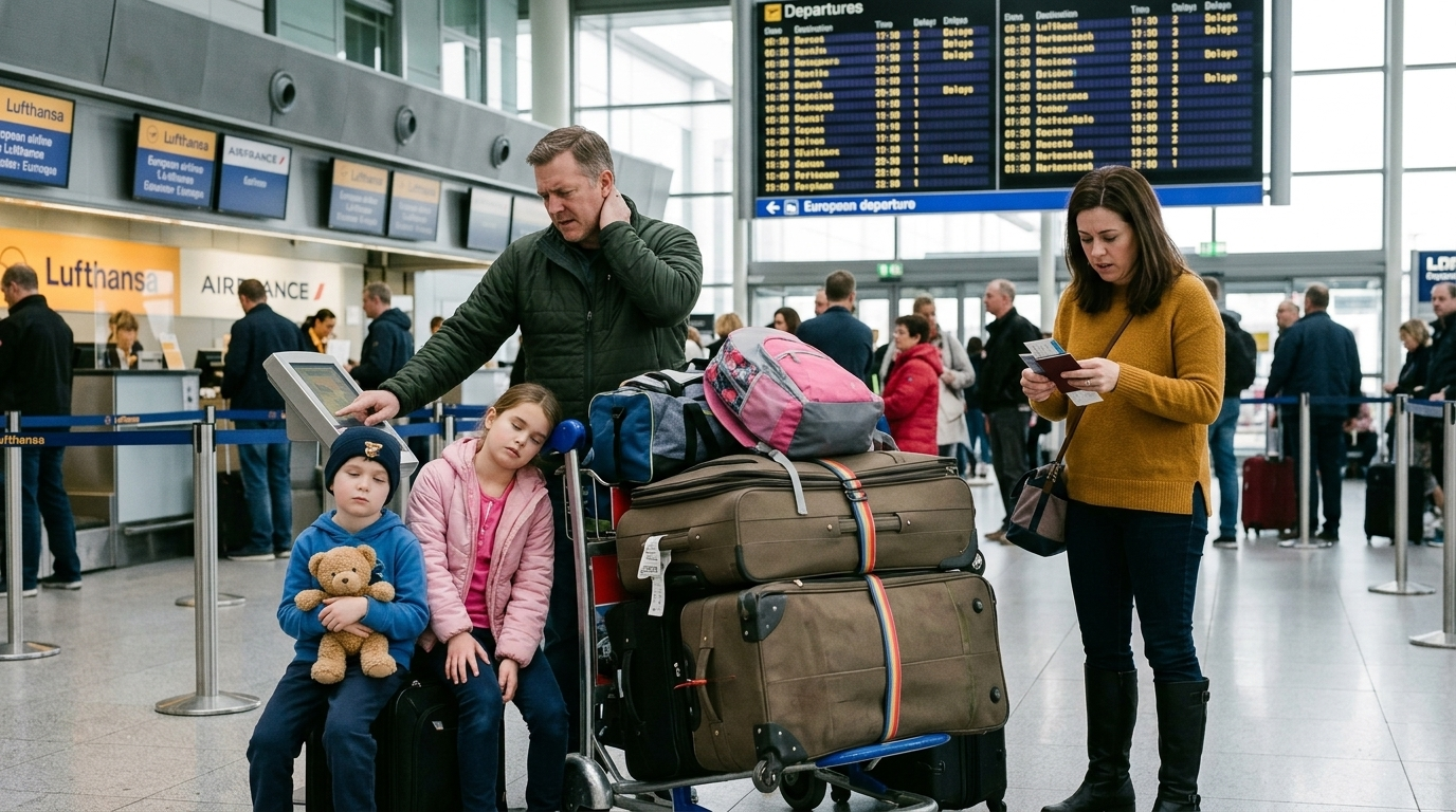 Gezin met drie overvolle koffers bij de incheckbalie, stress