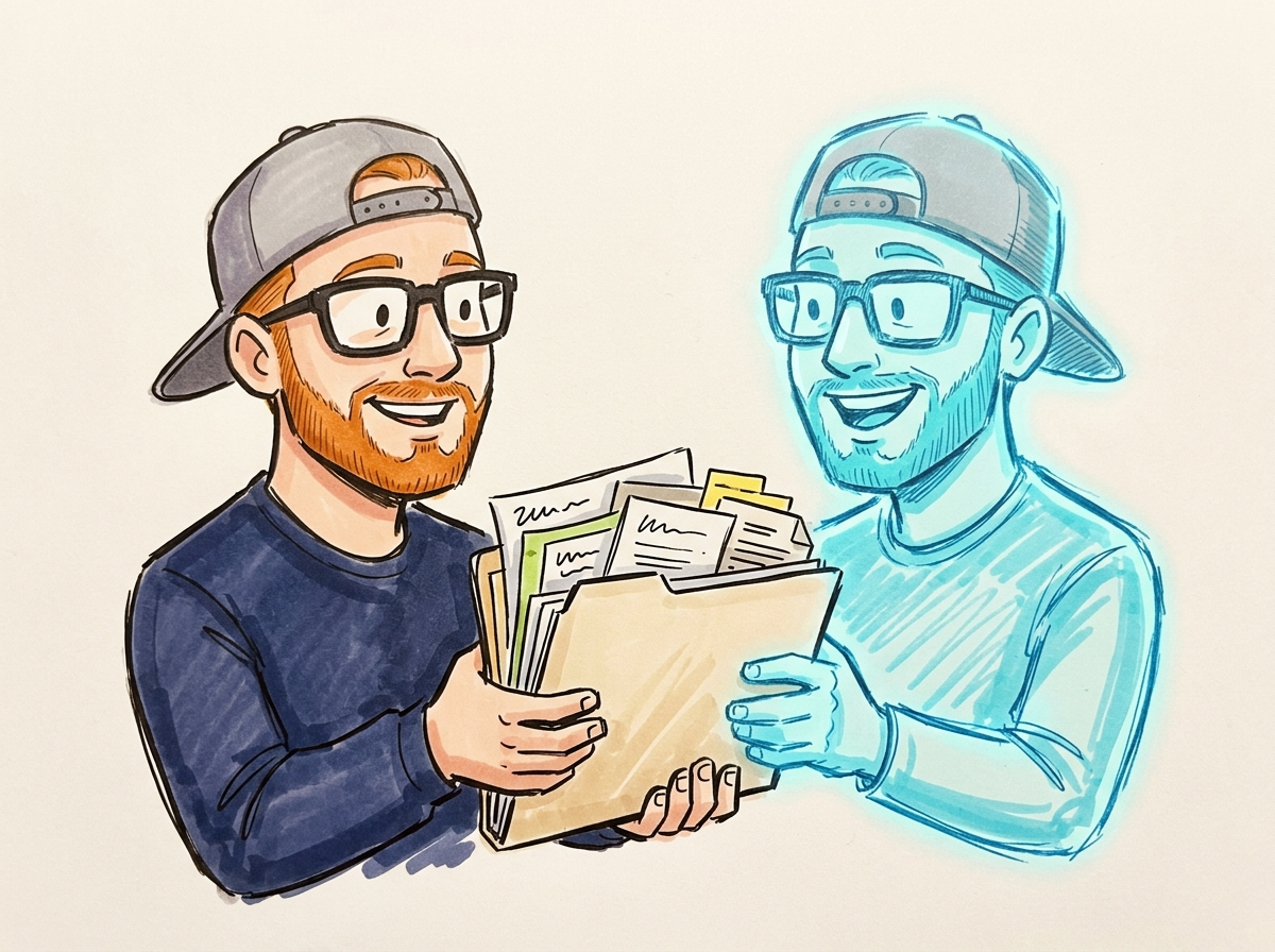Zac handing a folder of context to a beaming Zax