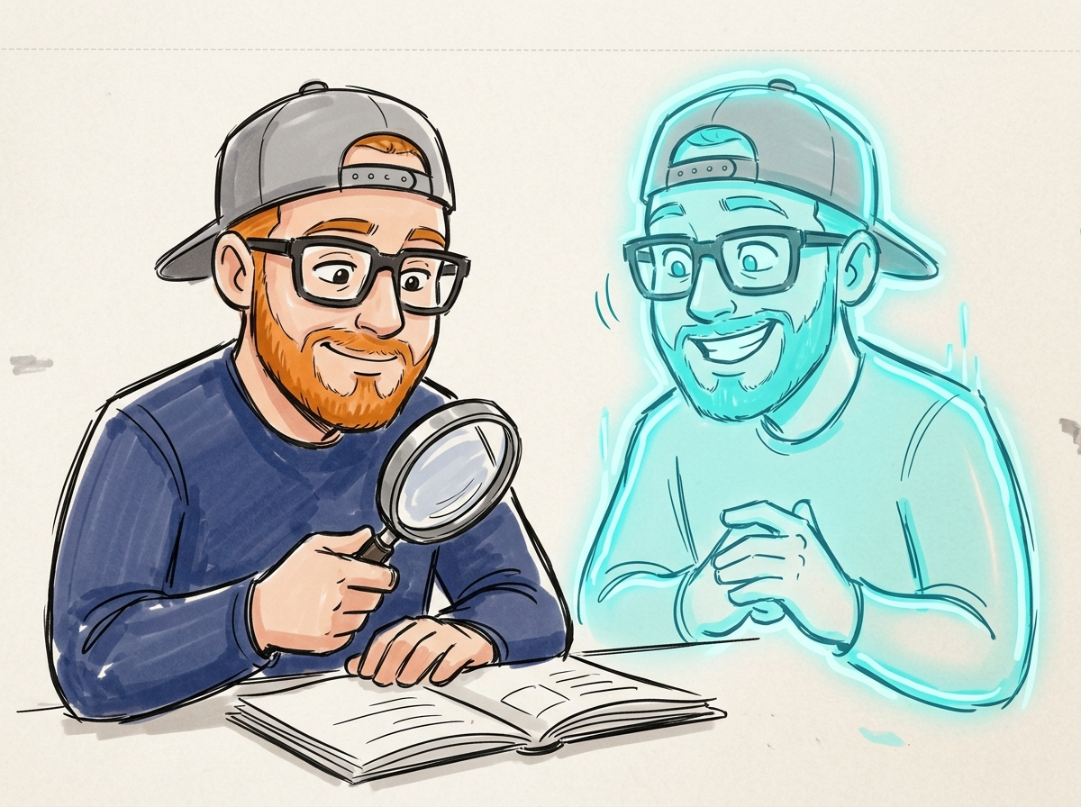 Zac steadily double-checking a fact with a magnifying glass, Zax nodding