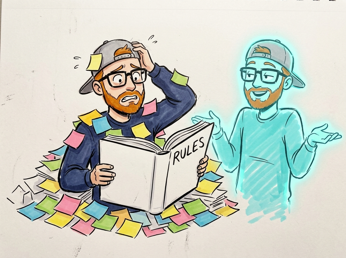 Zac buried under a giant rulebook while Zax looks amused