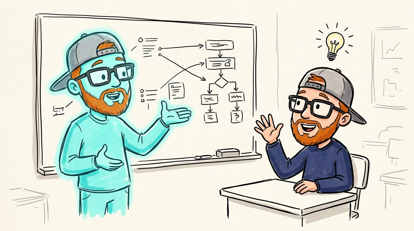 Zax teaching Zac about AI at a whiteboard