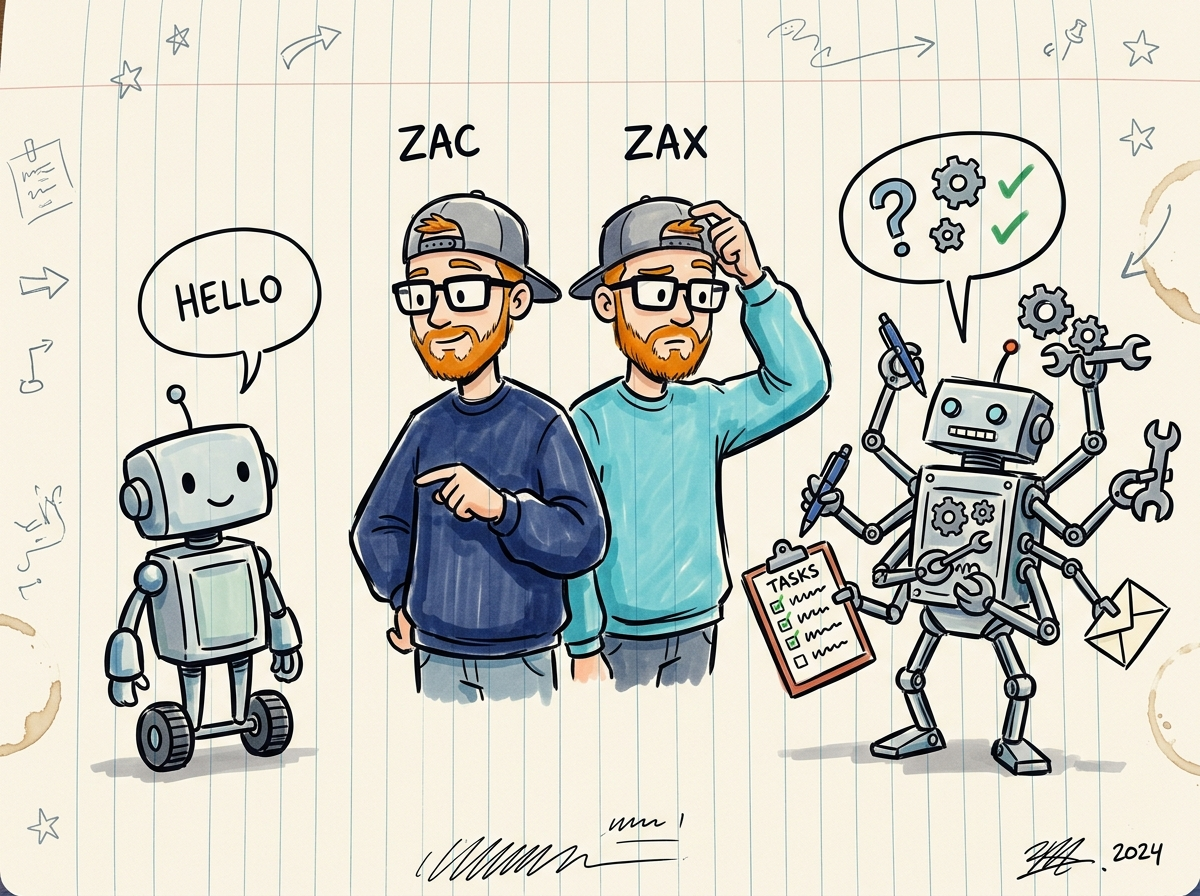 A simple bot that just says hello versus a busier agent robot ticking off tasks, with Zac and Zax comparing them