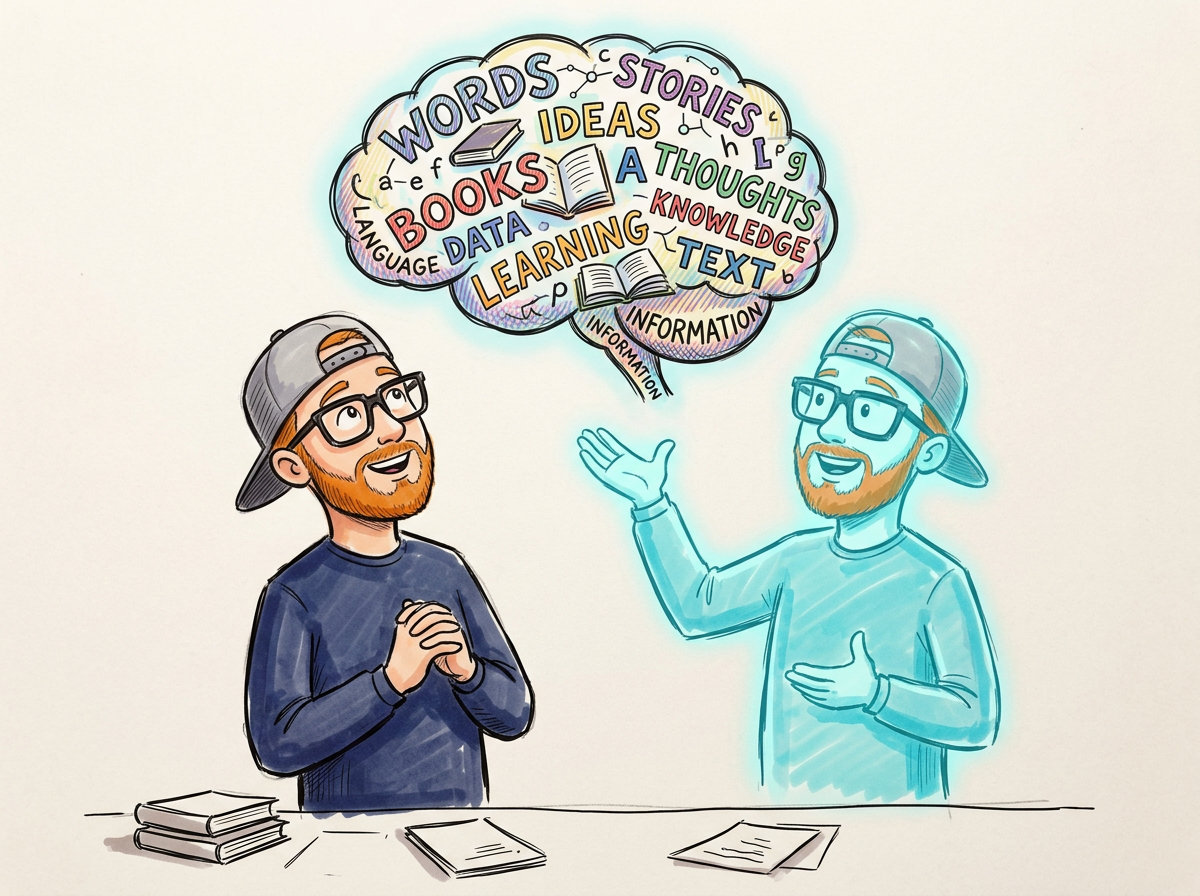 Zac looks up at a big glowing brain-cloud made of words while Zax explains it's just a word-predictor